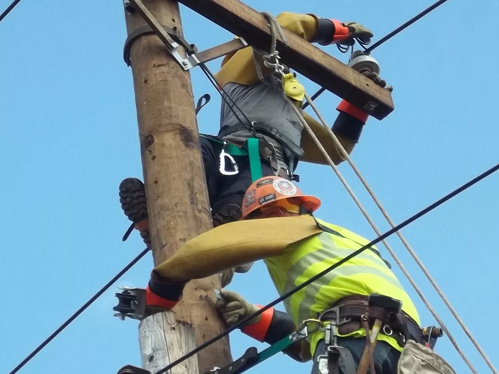 Two men working on a light pole
