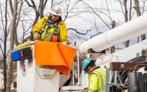 Workers in a bucket from a bucket truck talking