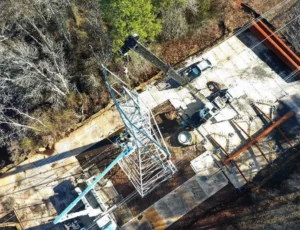 Bird's eye view of a transmission line being rebuilt